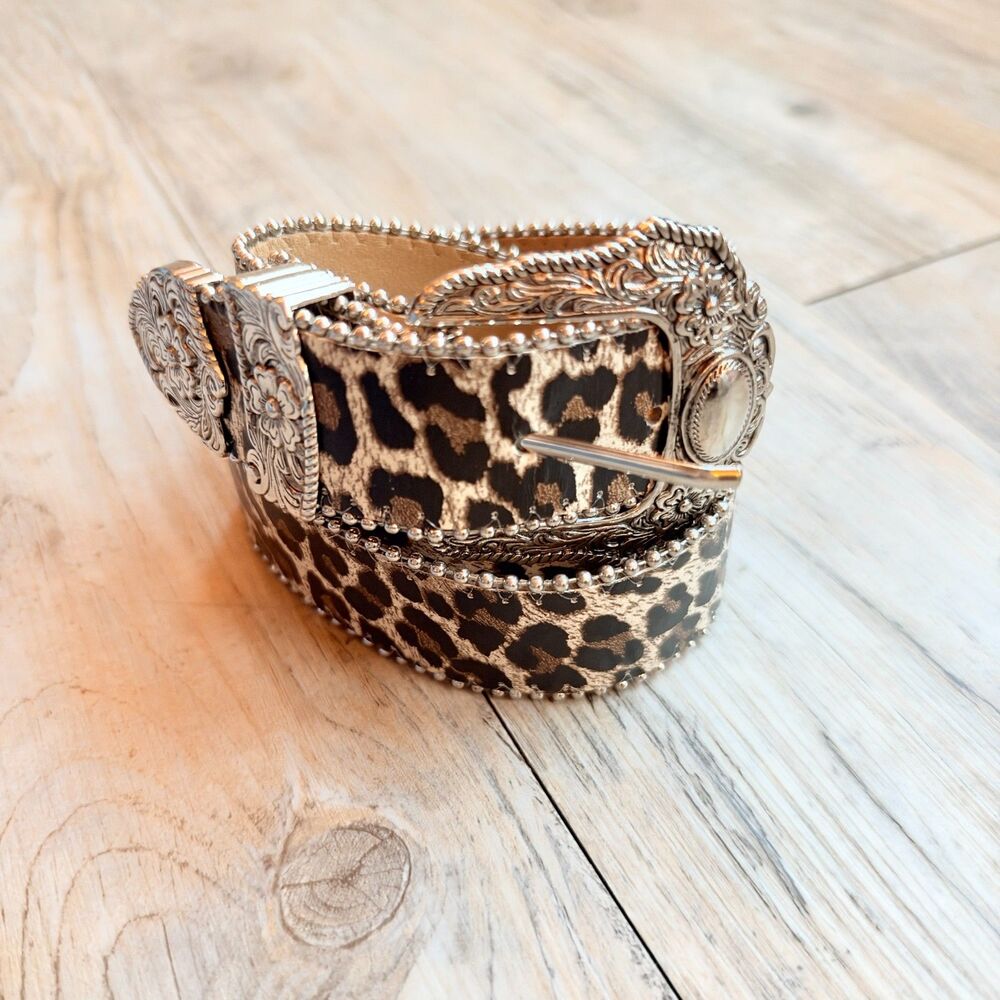 Leopard Print Western Concho Belt Size 32 Silver Tone Studded Cowgirl Y2K